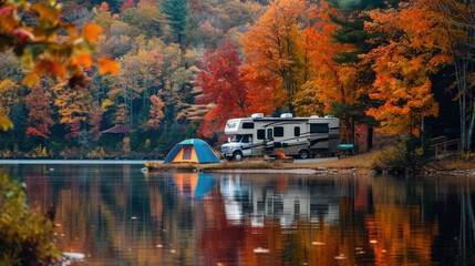 Poster - Camping by the lake in Autumn