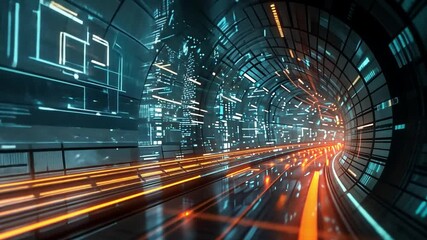 Aufkleber - A dynamic view of a futuristic tunnel illuminated by glowing lines and digital patterns.