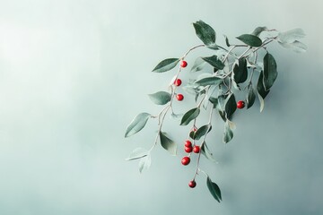 Poster - Frosted Green Leaves and Red Berries on a Light Blue Background