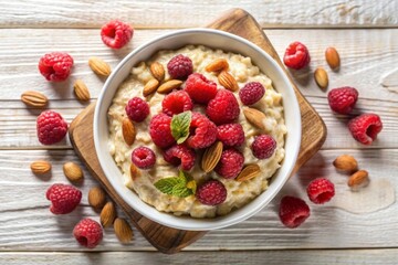 Oatmeal with fresh raspberries and nuts