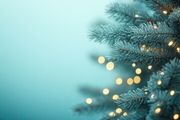 Poster - Blue Frosted Pine Branch with Golden Lights on a Teal Background