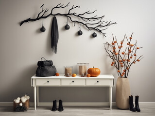 Scandinavian scandi modern minimalist cozy hallway interior with fall and halloween decor. Halloween and fall style entryway