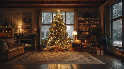 Poster - A cozy Christmas tree dressed with handmade ornaments, glowing white lights, and rustic burlap ribbons, creating a warm and inviting holiday ambiance.