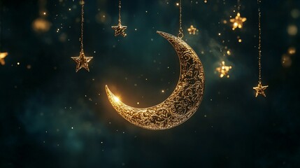 Golden Crescent Moon and Stars Hanging Against a Dark Blue Background