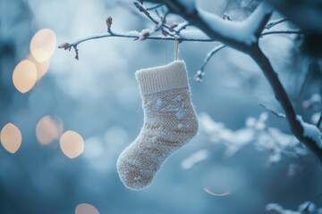 Sticker - A Single Knitted Sock Hanging from a Snow-Covered Branch