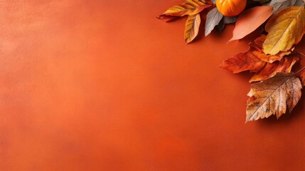 A collection of colorful autumn leaves and a small pumpkin are beautifully arranged on a vibrant orange background, capturing the essence of the fall season for decoration