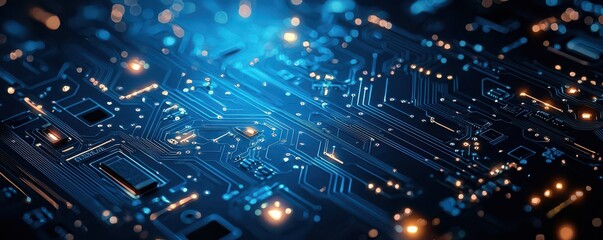 Wall Mural - abstract minimalistic blue circuit board background with glowing electronic patterns and digital ele