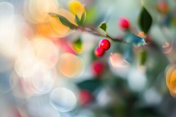 Sticker - Red Berries on a Branch with Bokeh Background