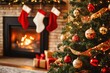 © petro - Christmas tree decorated with red and gold ornaments standing in a cozy living room