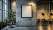 © BISO - Minimalist office space with a large window, stylish desk, and a black frame on a textured concrete wall.
