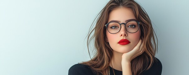 Portrait of an attractive woman wearing glasses with vibrant red lipstick and long wavy hair, exuding confidence against a neutral background