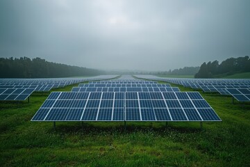 Scenic view of a large solar farm stretching across a green field under cloudy skies, showcasing renewable energy and sustainable technology