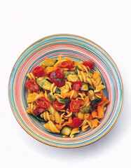 A vibrant plate of Pasta Primavera, featuring colorful cherry tomatoes, zucchini, and carrots.  The pasta is cooked to perfection, creating a delightful culinary masterpiece. Enjoy!