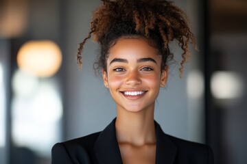 A young woman with curly hair smiles confidently in a modern office environment, wearing a black blazer and showcasing her vibrant, positive energy.