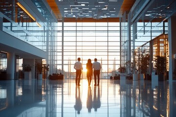 Three men in business attire walking through a sunlit office corridor, symbolizing teamwork and ambition in a modern corporate environment.