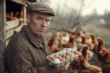 Experienced farmer holding fresh eggs by a chicken coop, showcasing rural agriculture and sustainable farming practices