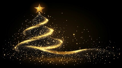 Christmas tree made of golden sparkles and light with a star on top against a black background