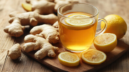 warm cup of ginger and lemon tea sits beside fresh ginger roots and lemon slices, evoking sense of c