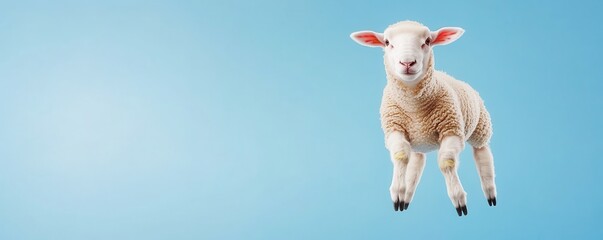 A fluffy lamb is joyfully leaping against a bright blue background, capturing the essence of playfulness and innocence.