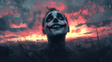 Poster - A joyful soul illuminated a smiling figure with face paint against a dramatic sunset embracing the essence of emotions and nature