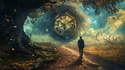 Wall Mural - A man stands on a path facing a surreal clock in a dreamlike nature landscape merging time and reality in a magical setting