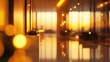 © CLOVER BACKGROUND - Golden Hour Lobby: Sunlit modern luxury hotel lobby interior design with warm sunset light, blurred background, bokeh effect.  Relaxing atmosphere.