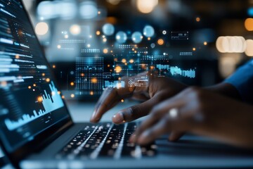 Close-up of hands typing on a laptop keyboard with a digital code overlay, representing technology, programming, and innovation in a modern setting.