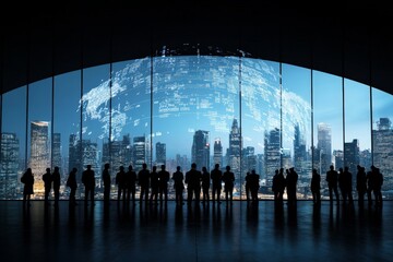 Individuals are silhouetted against a panoramic window displaying a digital rendering of a cityscape globe, symbolizing global connectivity and modern technology.