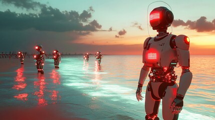 A lone robot stands at the water's edge, gazing at a line of robots walking into the ocean at sunset.