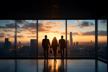 Three individuals silhouetted against a sunset backdrop, standing in a high-rise office, symbolizing success and ambition against the city's skyline.