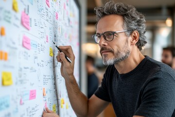 A focused man with glasses writes on a whiteboard filled with colorful sticky notes, illustrating the process of brainstorming and strategic planning in an office.