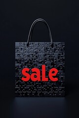 Shopping bag made from black puzzle pieces with a red Sale sign on dark background. Holiday sales, shopping and package concept. For Black Friday, 11.11. Product design for poster, card, advertising 