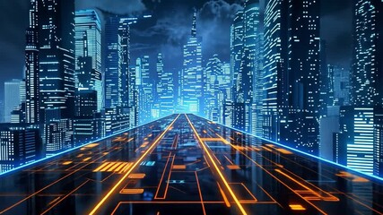 Poster - A stunning futuristic city skyline showcases towering skyscrapers illuminated by neon lights, while digital pathways create a vibrant and immersive atmosphere during the night.