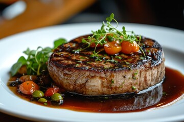 Delicious grilled steak with herbs and sauce is lying on white plate in restaurant