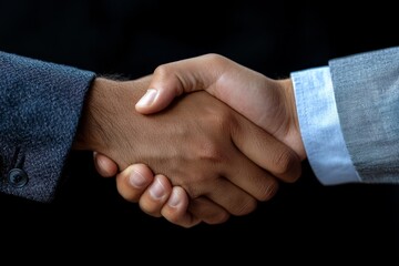 Two hands in an earnest handshake against a dark background, representing trust, partnership, business agreement, connection, and professional engagement.