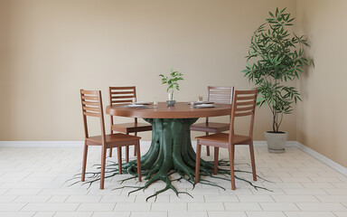 Wall Mural - Modern dining room with a tree growing through the floor  brown wood and green leaves   Nature and interior design 