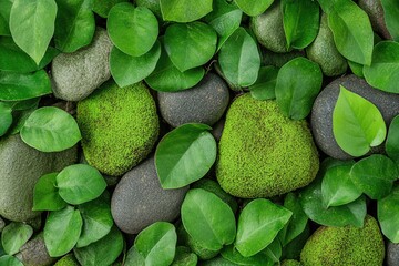 A lush arrangement of green leaves and textured stones, creating a natural and serene aesthetic.