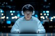 © Odin AI - A person wearing headphones and glasses works intently on a laptop in a dark, professionally lit environment, suggesting focus, technology, and concentration.