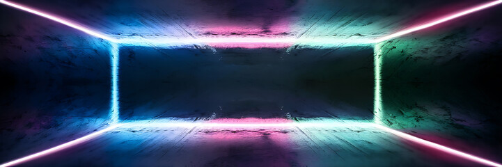 Wall Mural - Abstract neon light blue and pink glowing lines on grunge textured concrete wall background for futuristic  modern  and technology design   