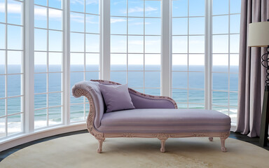 Wall Mural - Elegant chaise lounge overlooking ocean  lavender and white  coastal luxury  relaxation and tranquility   