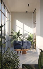 Wall Mural - Modern minimalist balcony with blue sofa and wooden coffee table  perfect for relaxing and enjoying the sunshine   