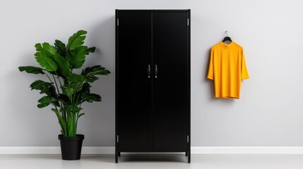 a black cabinet with a yellow dress hanging on the wall