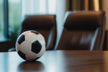 a soccer ball sitting on a table in front of two chairs