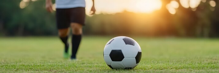 soccer ball on grass field with sun in background