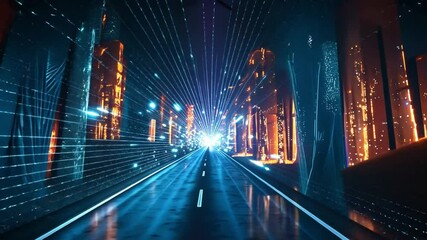 Poster - Bright lights explode from a central point in a virtual tunnel, creating an immersive experience that draws viewers toward a digital cityscape surrounded by dark surroundings.