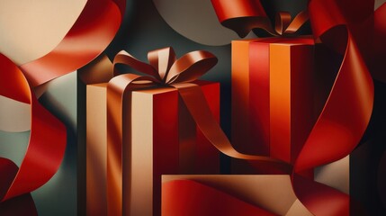 Poster - A collection of abstract shapes resembling gift boxes adorned with stylish ribbons and bows, showcasing festive colors and designs. Generative AI