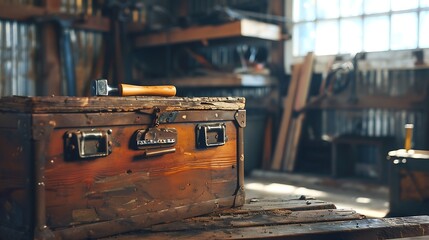 In a garage a toolbox and a hammer