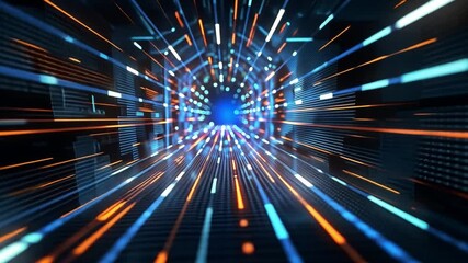 Fototapete - This artwork illustrates an abstract representation of a digital tunnel, where colorful lines and luminous dots create a sense of rapid movement and energy, evoking the essence of data transmission.