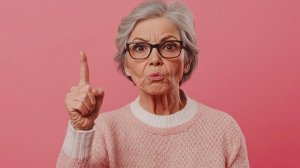 Angry Senior Woman With Grey Hair and Glasses Pointing Finger in a Strict Manner Over a Pink Background. Generative AI