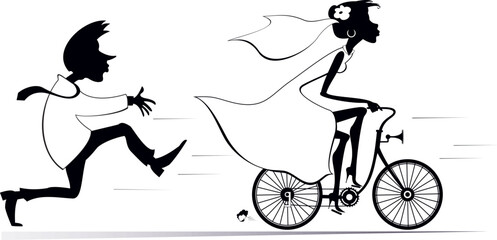 Wall Mural - Married wedding couple. Bride rides away from the bridegroom on the bicycle.
Upset bridegroom trying to catch up a runaway bride on the bicycle bride. Black and white illustration
